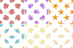 Seamless patterns with colorful seashells, corals and starfishes showing marine life vector