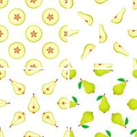 Set of seamless patterns with fresh whole and sliced green pears vector