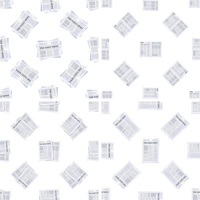Seamless pattern of newspapers falling on white background, promoting daily news and information
