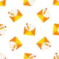 Seamless pattern of orange open envelopes with pencil and letter sticking out vector