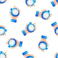 Hands holding stopwatch in seamless pattern representing time management, deadline and countdown vector