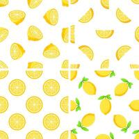 Seamless pattern with fresh lemons, halves, and slices showing the juicy pulp vector
