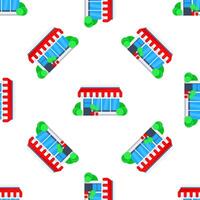 Seamless pattern of store buildings with red and white awnings, plants, and large windows, representing small businesses and local commerce vector