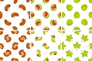 Seamless patterns with chestnuts showing the peel, the fruit, the leaves and the inside vector