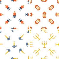 Seamless pattern with burning candles, candle holders, lanterns, and candelabras illuminating the white background vector