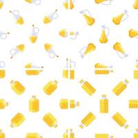 Seamless pattern with various bottles and jugs of vegetable oil forming a repeating pattern on white background vector