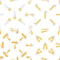 Seamless pattern of hand tools including saws, hammers, paint rollers and pliers, creating a repetitive design on white background vector