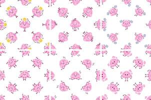 Cute Pink Brain Characters Seamless Pattern Showing Different Activities vector