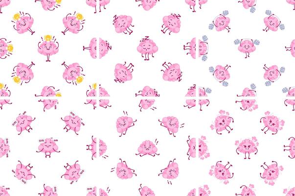 Cute Pink Brain Characters Seamless Pattern Showing Different Activities