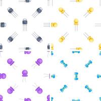 Colorful electronic components transistors, leds and resistors forming a seamless pattern vector