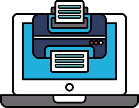 un ordenador portátil pantalla muestra un impresora con un apilar de documentos en parte superior de eso vector