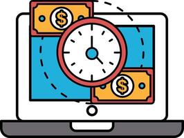 A laptop screen shows a clock with the hands on the numbers 3 and 9 vector