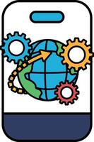 A blue and white image of a globe with a green arrow pointing to the right vector