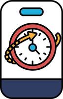 A clock with a red circle and an arrow pointing to the right vector