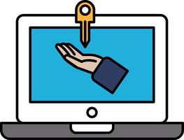 A laptop screen with a key on it and a hand on the screen vector