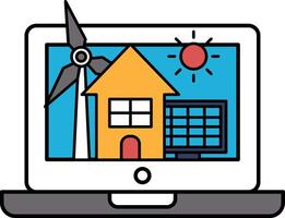 A laptop screen shows a house with a wind turbine in the background vector