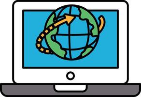 A laptop screen shows a globe with an arrow pointing to the right vector