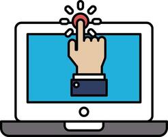 A hand pointing to a button on a laptop screen vector
