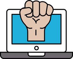 A hand is raised in the air with a laptop screen in the background vector