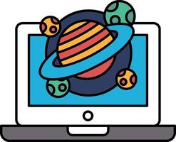 A colorful drawing of a planet with a blue background and a white laptop vector