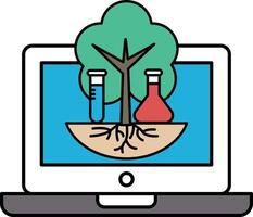 A laptop screen shows a tree with a tree root and a tree trunk vector