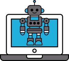 A robot is standing on a laptop screen vector