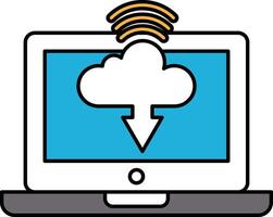 A laptop screen shows a cloud with a download arrow pointing to it vector