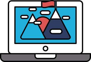A laptop screen shows a mountain range with a red flag sticking out of it vector