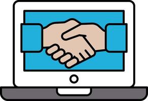 A hand shaking another hand on a laptop screen vector