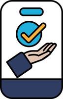 A hand holding a phone with a check mark on it vector
