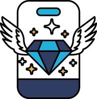 A blue diamond with a white background and two wings vector