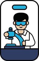 A man in a lab coat is wearing goggles and holding a microscope vector