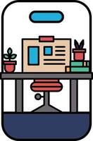A cartoon drawing of a desk with a chair, a computer, a plant, and a book vector