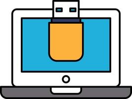 A laptop screen with a USB drive in the foreground vector