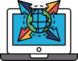 A laptop screen shows a globe with arrows pointing to different directions vector