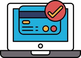 A laptop screen shows a credit card with a red check mark on it vector