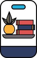 A book shelf with a potted plant and a stack of books vector