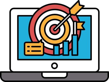 A laptop screen shows a red bullseye with a red arrow pointing to it vector