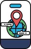 A phone with a red dot on it that says location and a globe vector
