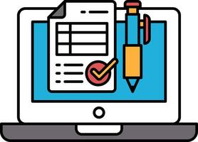 A laptop screen with a check mark on a piece of paper and a pen vector