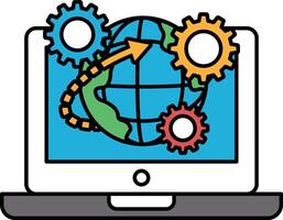 A computer monitor shows a globe with a green arrow pointing to the right vector