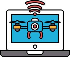 A drone with a camera on it is displayed on a laptop screen vector