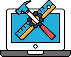 A laptop screen with a hammer and a ruler on it vector
