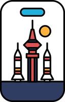 A cityscape with a tall building and three rockets in the foreground vector