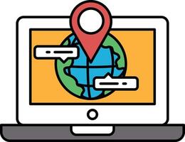 A laptop screen with a map of the world and a red pin on it vector