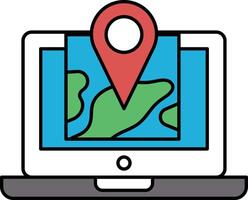 A laptop screen with a red pin on it and a map of the world vector