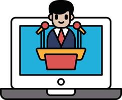 A cartoon man is standing in front of a microphone, giving a speech vector