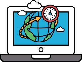 A laptop screen shows a globe with a clock on it vector
