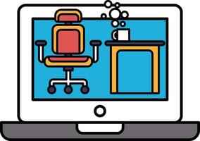 A laptop screen shows a chair and a table with a cup on it vector