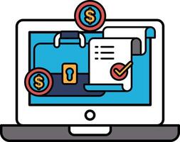 A laptop screen shows a document with a lock and a key on it, and a check mark vector